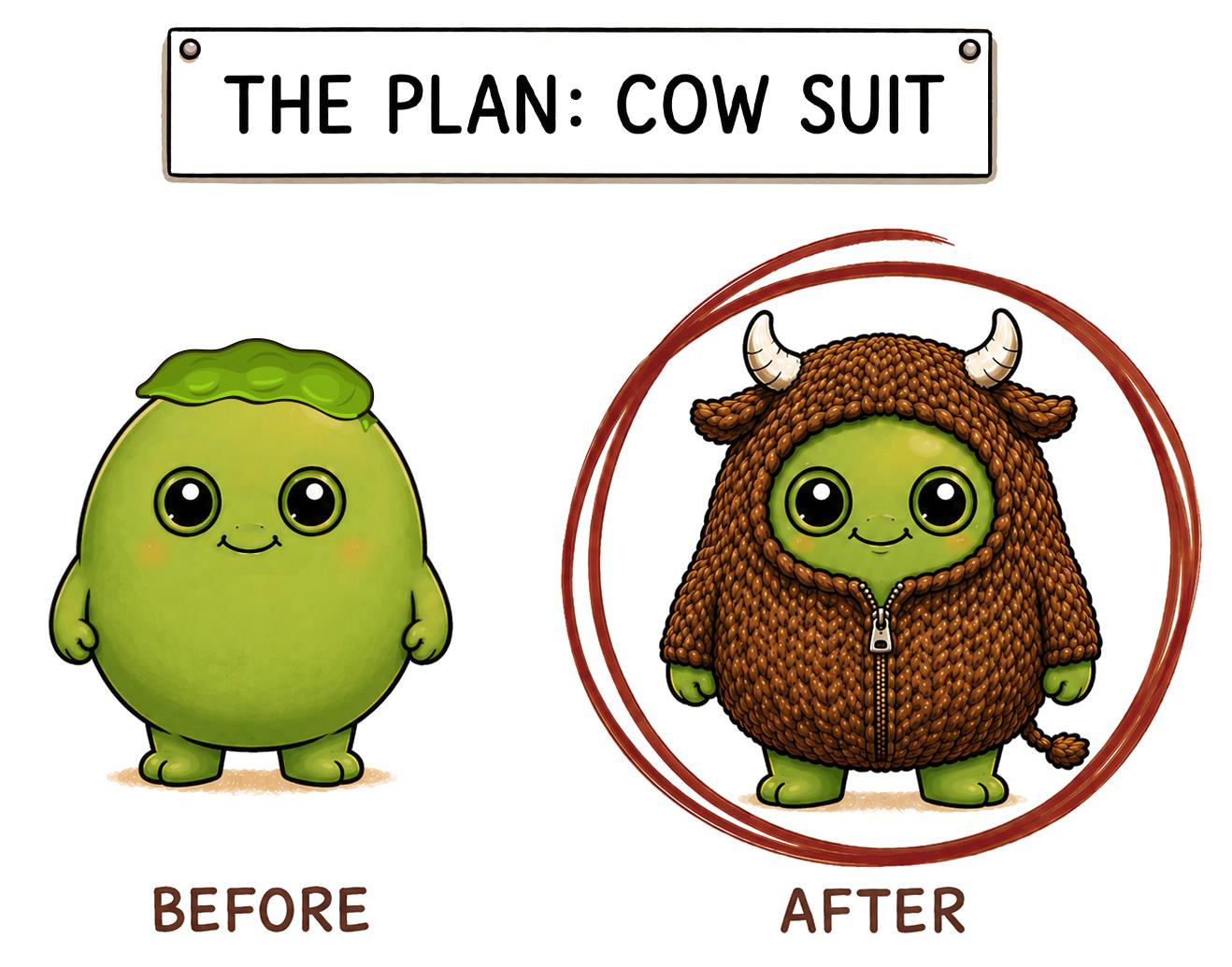 THE PLAN: COW SUIT — Before / After